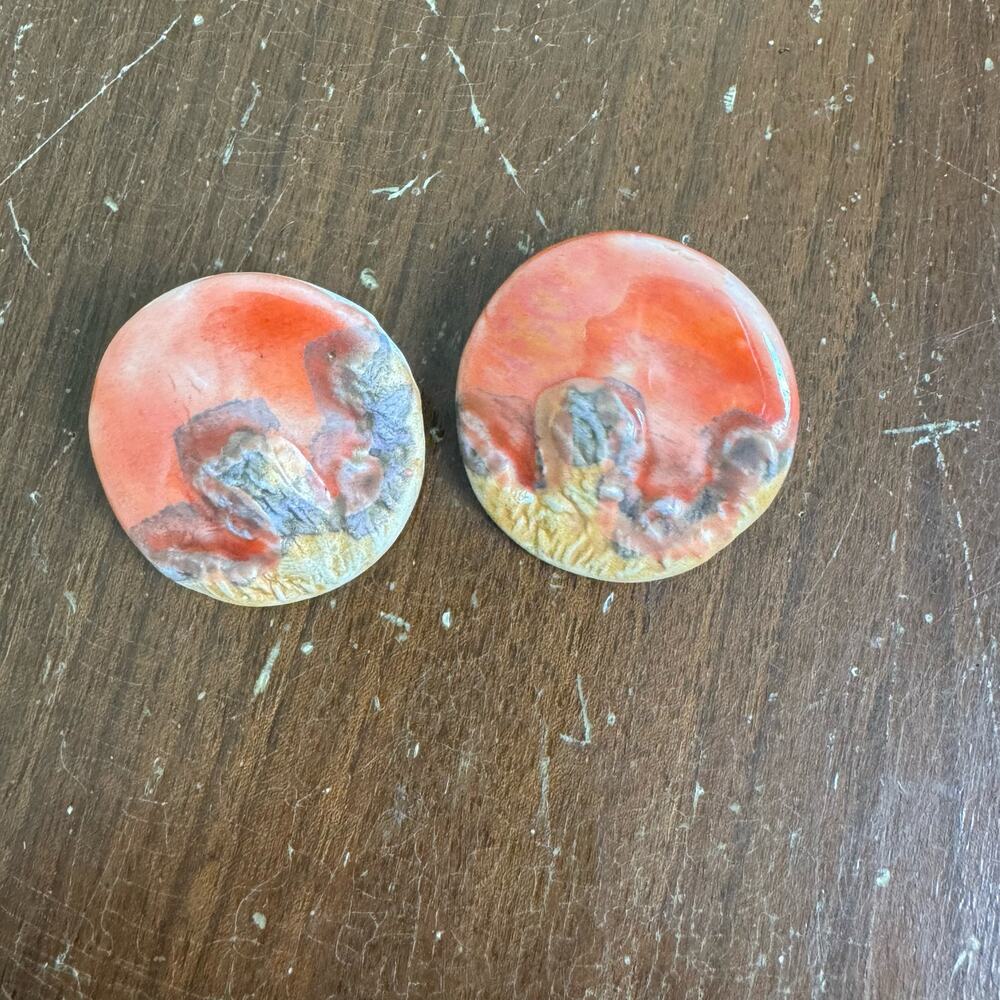 Vintage handmade coral pink blue‎ gold round clay earrings for pierced ears